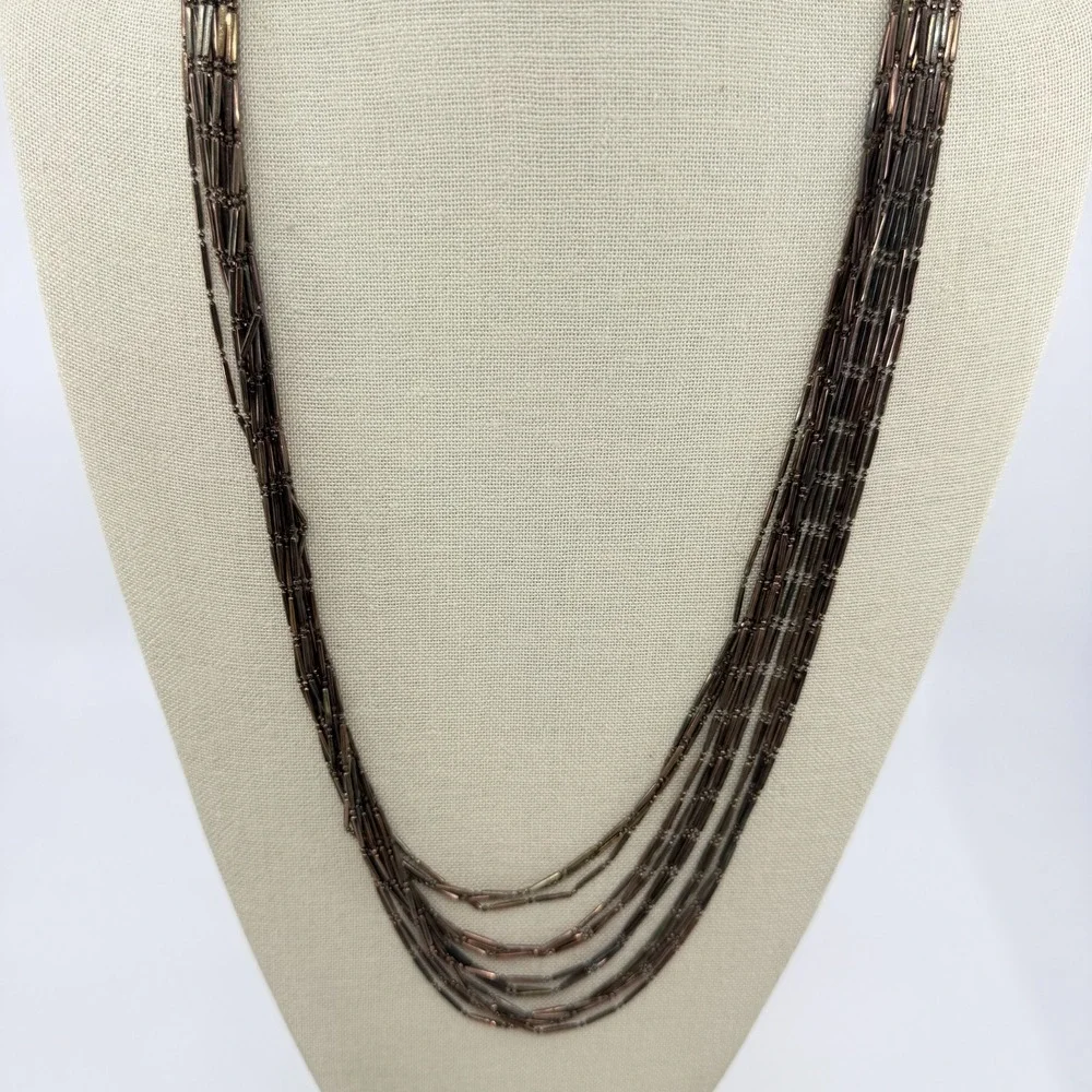 Bronze Tone Bugle Bead Multi Strand Necklace Layered Boho Statement Jewelry
